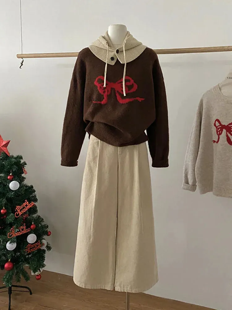 Aiertu Sweet Knitted Sweater Women Oversized Bow Embroidery Pullover Korean Fashion Casual Jumper All-Match Autumn Winter High Street