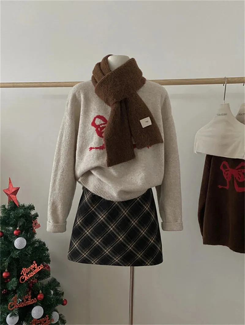 Aiertu Sweet Knitted Sweater Women Oversized Bow Embroidery Pullover Korean Fashion Casual Jumper All-Match Autumn Winter High Street