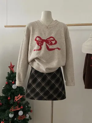 Aiertu Sweet Knitted Sweater Women Oversized Bow Embroidery Pullover Korean Fashion Casual Jumper All-Match Autumn Winter High Street