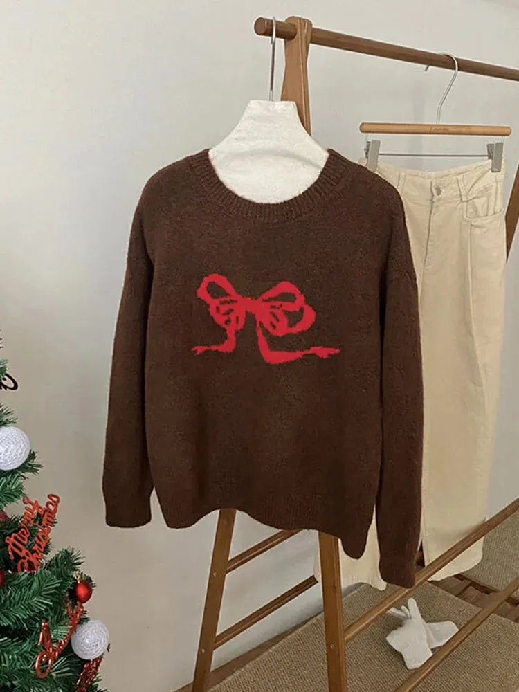 Aiertu Sweet Knitted Sweater Women Oversized Bow Embroidery Pullover Korean Fashion Casual Jumper All-Match Autumn Winter High Street