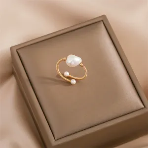 Baroque freshwater pearl ring womens simple opening adjustable ring fashion volume