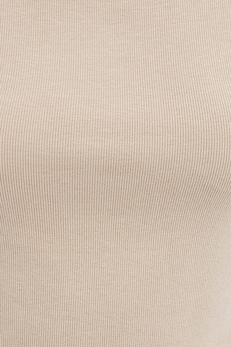 Beige Top Sleeveless Cowl Neck Rib