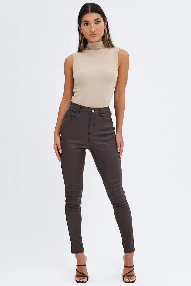 Beige Top Sleeveless Cowl Neck Rib