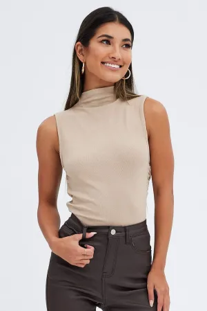 Beige Top Sleeveless Cowl Neck Rib