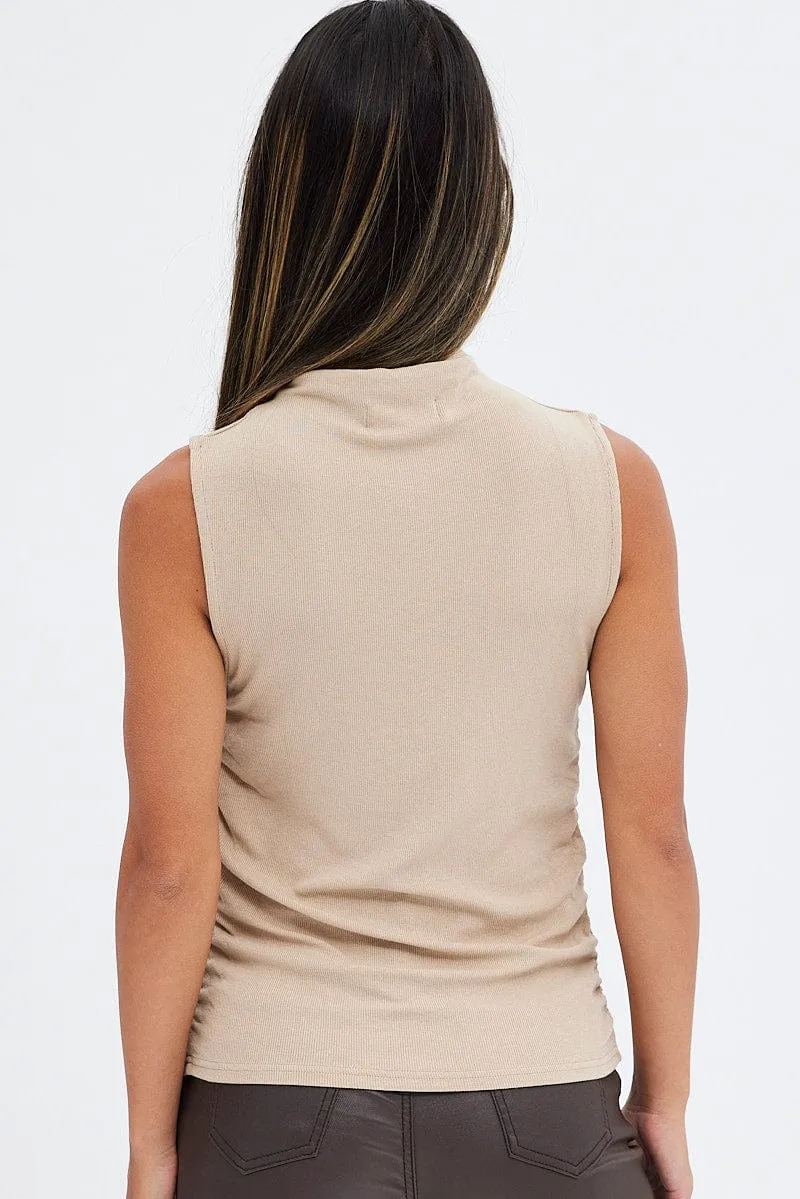 Beige Top Sleeveless Cowl Neck Rib
