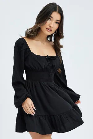 Black Fit and Flare Dress Long Sleeve  Ruched Bust