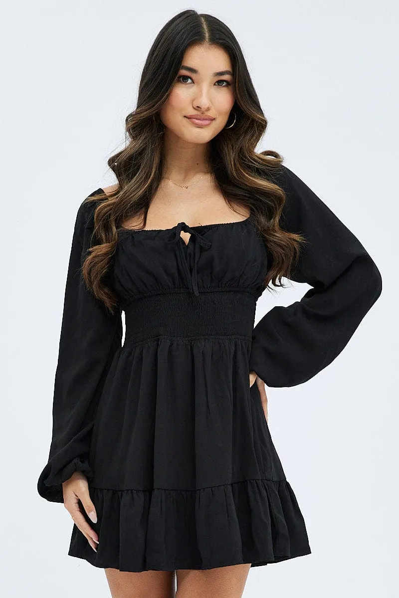 Black Fit and Flare Dress Long Sleeve  Ruched Bust