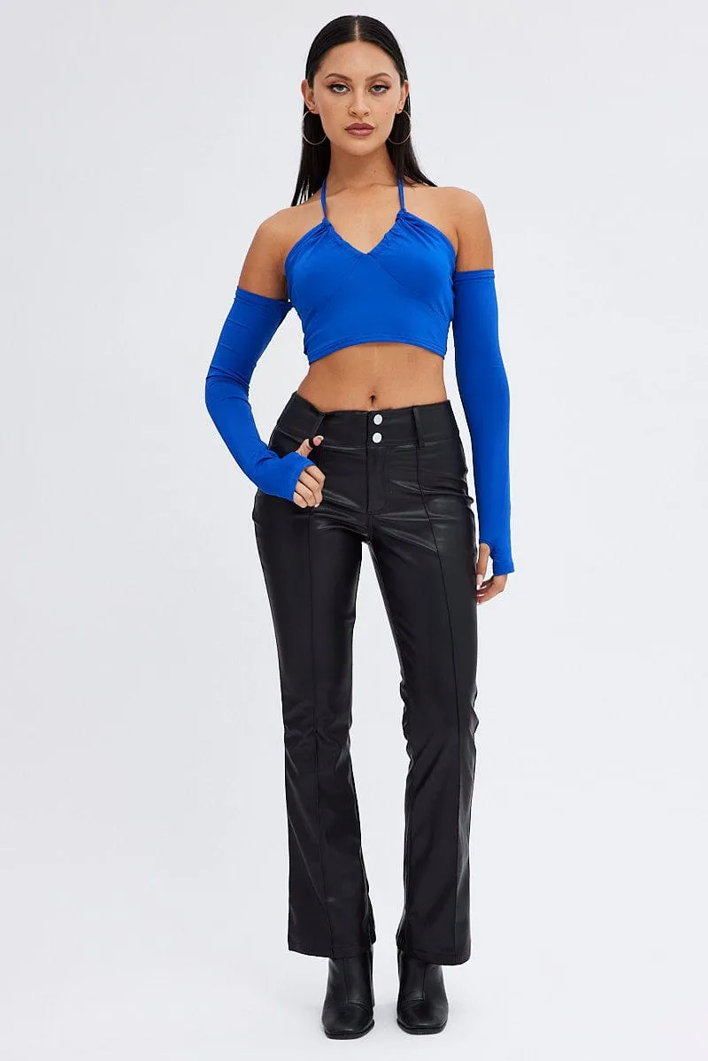 Black Flare Leg Pants Mid Rise Faux Leather