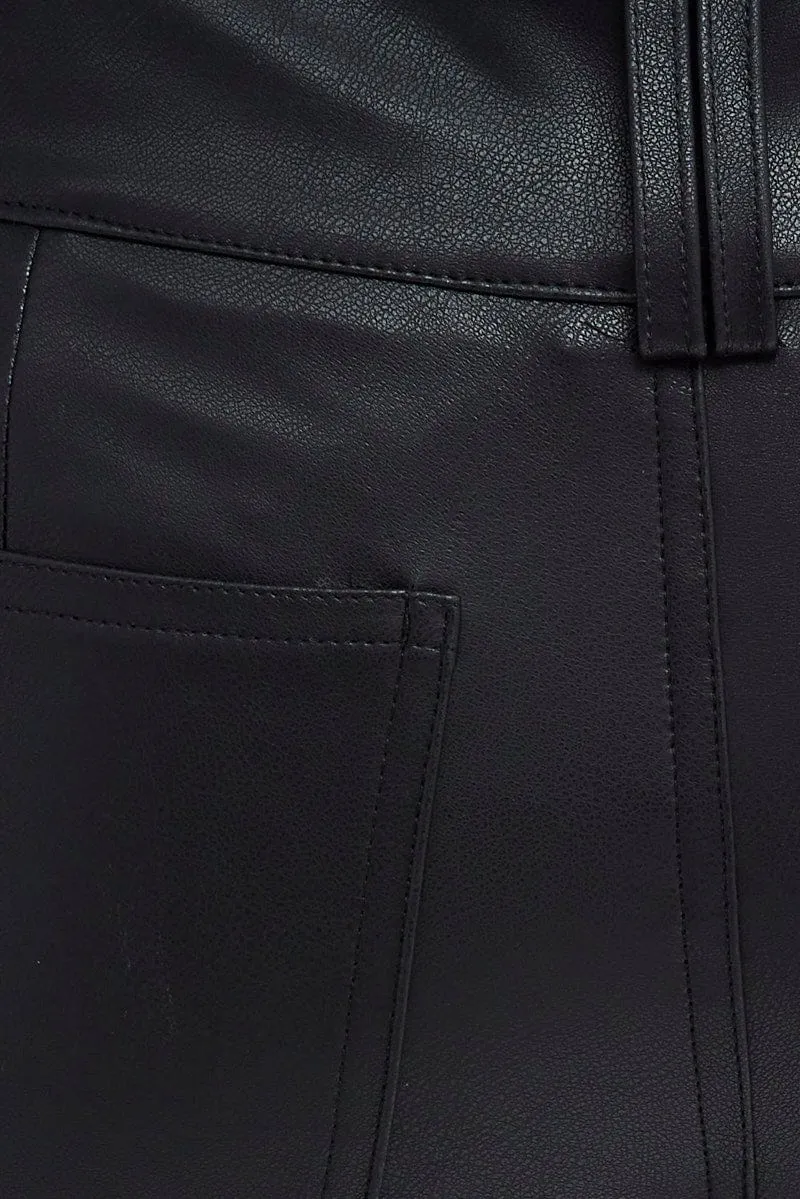 Black Flare Leg Pants Mid Rise Faux Leather