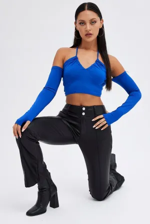 Black Flare Leg Pants Mid Rise Faux Leather