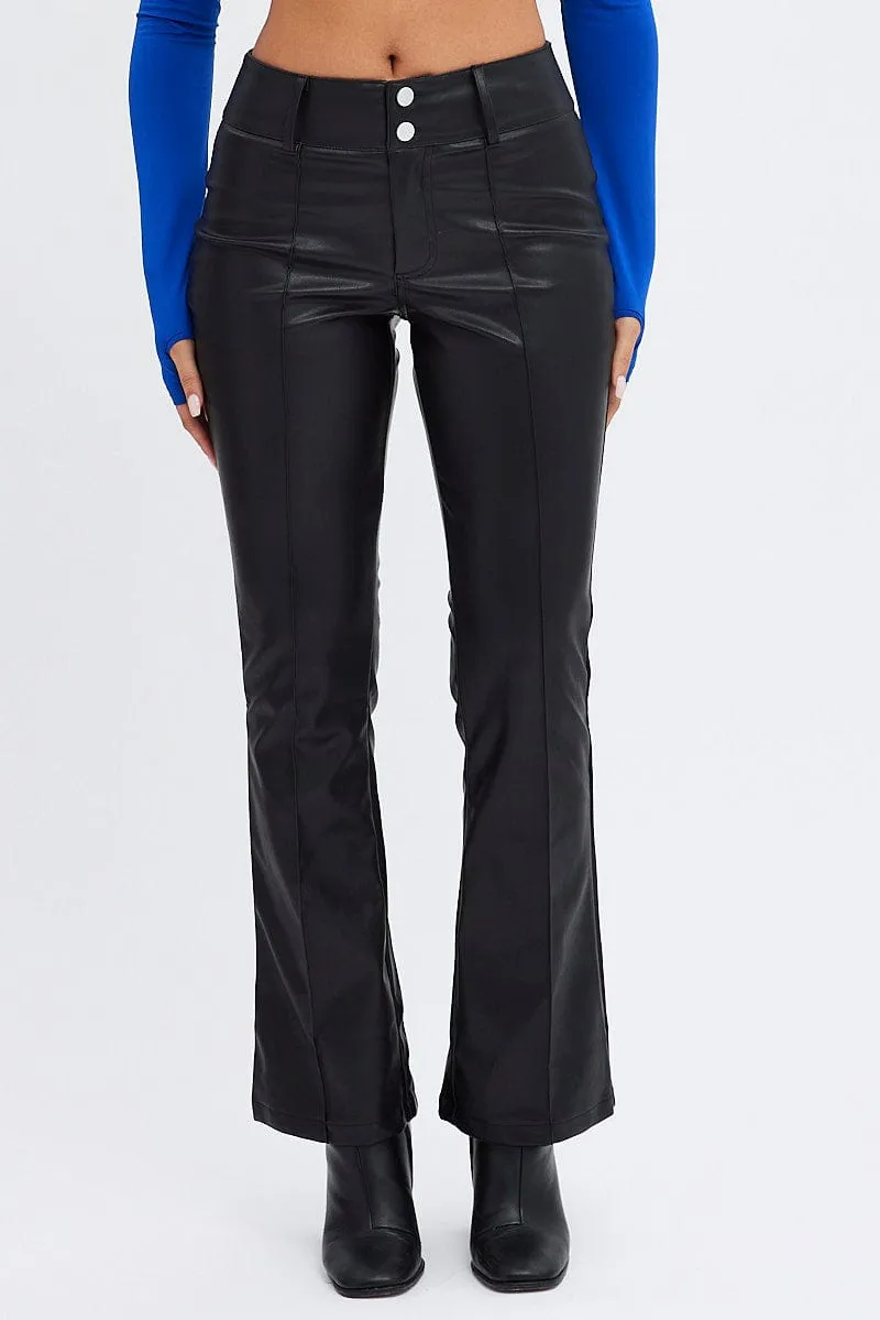 Black Flare Leg Pants Mid Rise Faux Leather