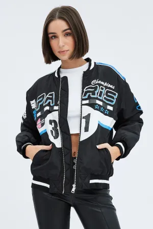 Black Jacket Long Sleeve Zip Thru Champions Print
