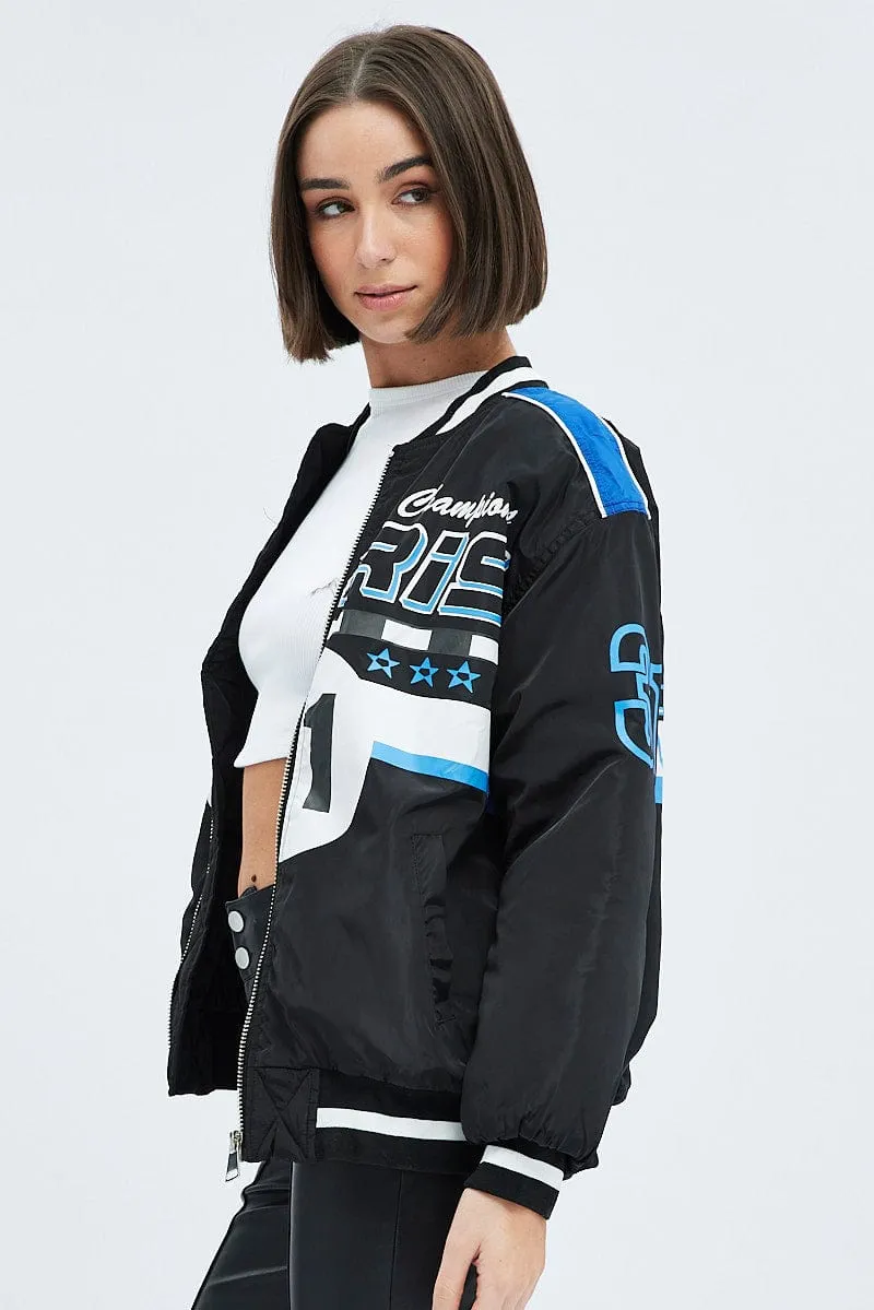 Black Jacket Long Sleeve Zip Thru Champions Print