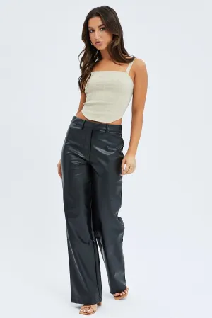Black Straight Fit Pants High Rise Faux Leather