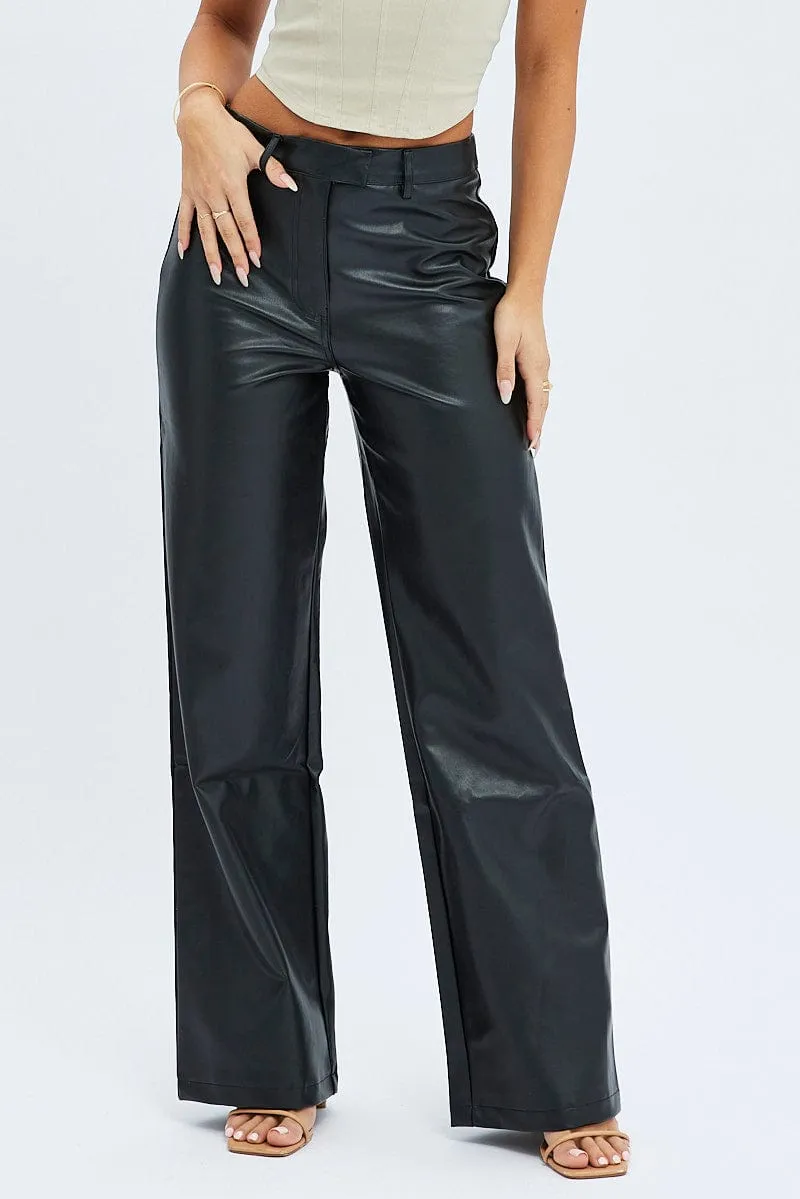 Black Straight Fit Pants High Rise Faux Leather
