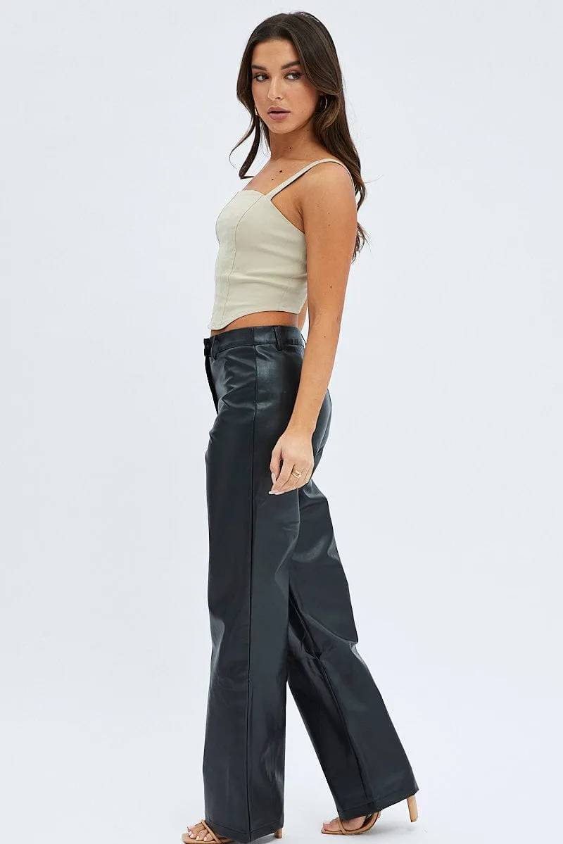 Black Straight Fit Pants High Rise Faux Leather