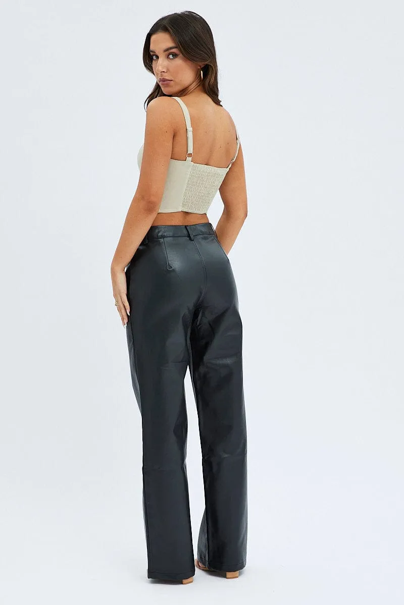 Black Straight Fit Pants High Rise Faux Leather