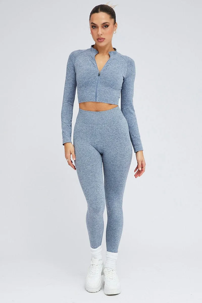 Blue Seamless Zip Up Top and Leggings Activewear Set
