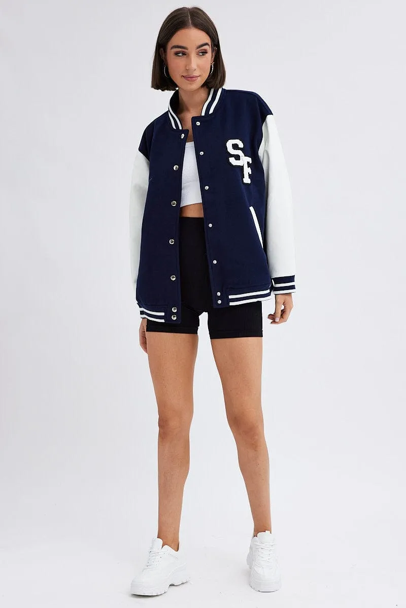 Blue Varsity Jacket Long Sleeves Embroidery Details