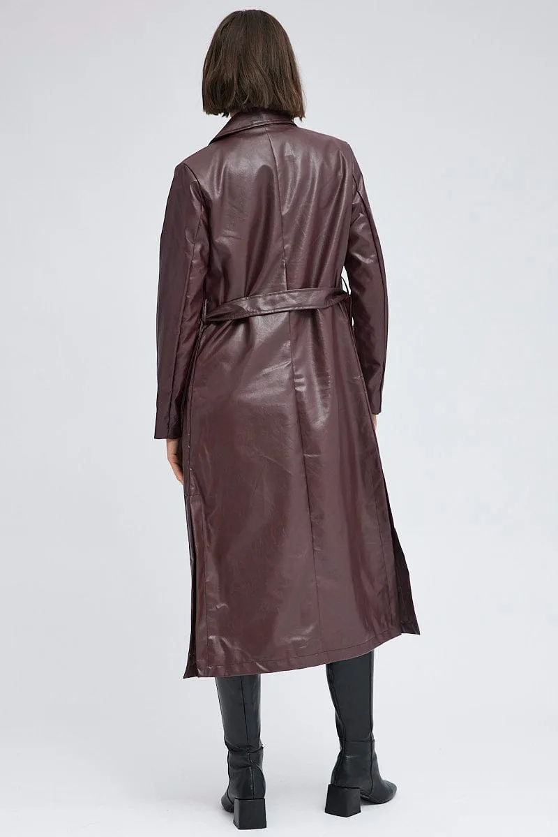 Brown Faux Leather Jacket Long Sleeves
