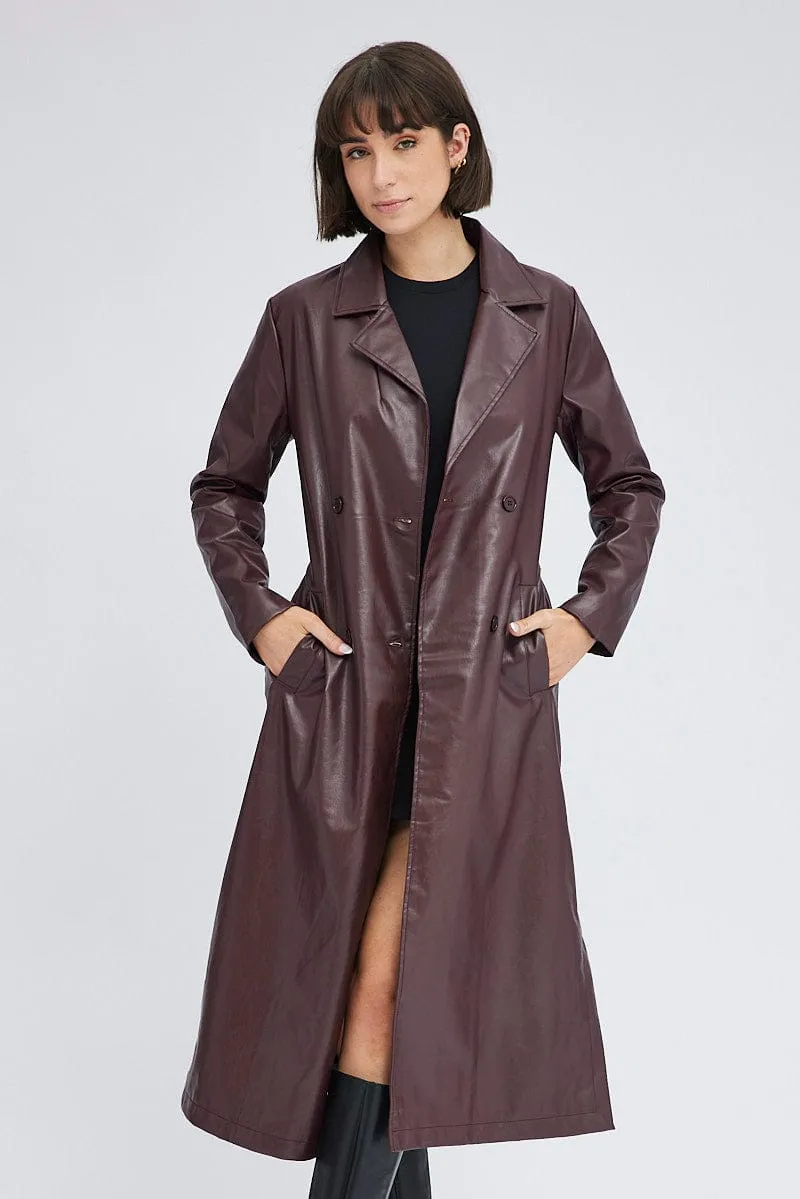 Brown Faux Leather Jacket Long Sleeves