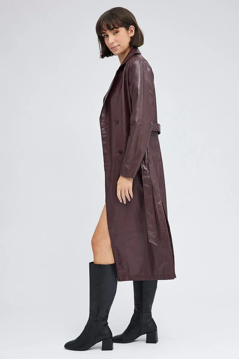 Brown Faux Leather Jacket Long Sleeves