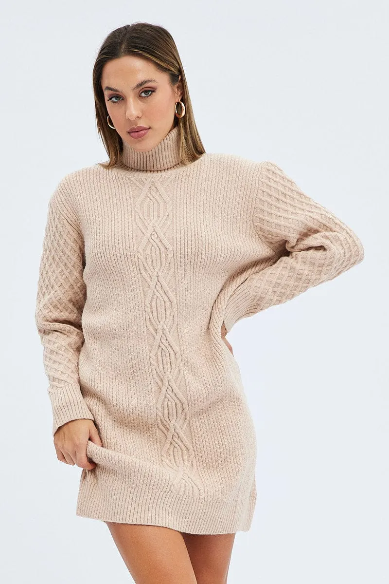 Camel Knit Dress Long Sleeve Turtleneck Cable