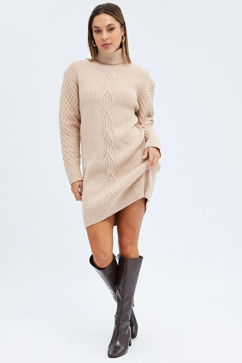 Camel Knit Dress Long Sleeve Turtleneck Cable
