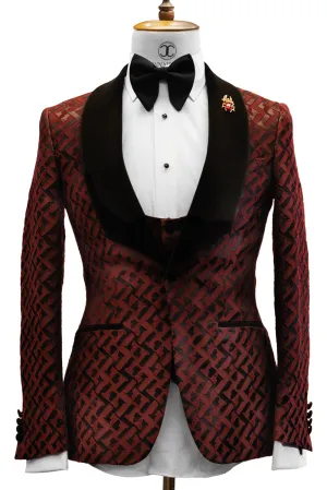 CONNAISSEUR - BURGUNDY WITH H PATTERN 3-PIECE SLIM FIT TUXEDO WITH U VEST