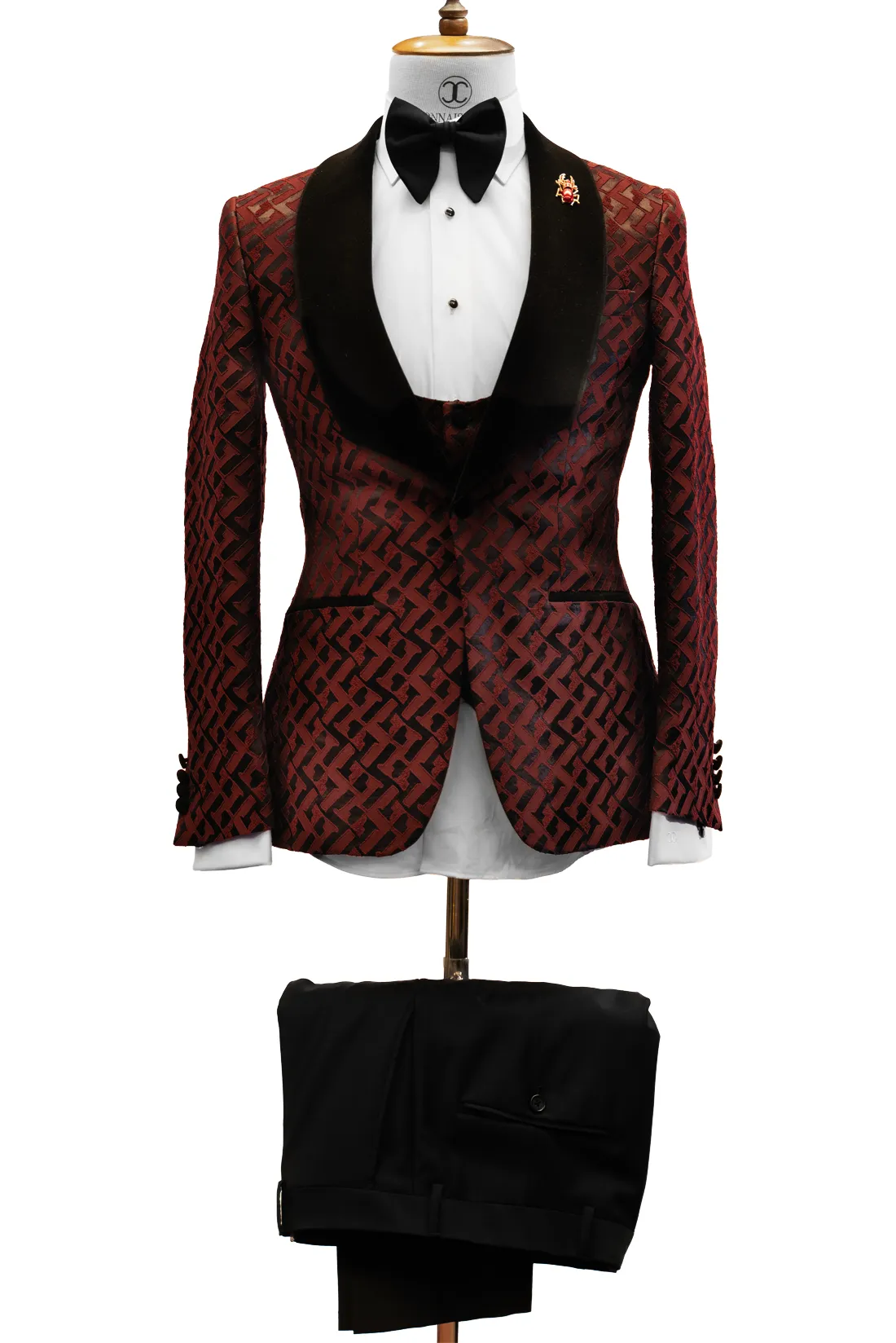 CONNAISSEUR - BURGUNDY WITH H PATTERN 3-PIECE SLIM FIT TUXEDO WITH U VEST