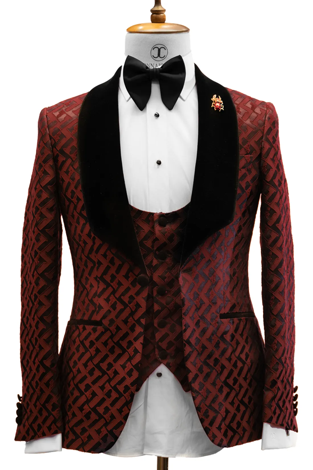 CONNAISSEUR - BURGUNDY WITH H PATTERN 3-PIECE SLIM FIT TUXEDO WITH U VEST