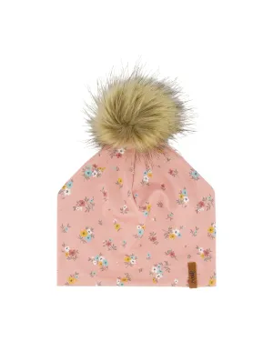 Detachable Pompom Hat Pink Little Flowers Print
