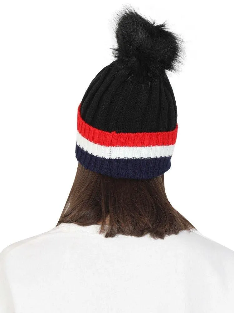 FabSeasons Acrylic Black Woolen Winter skull cap with faux fur lining