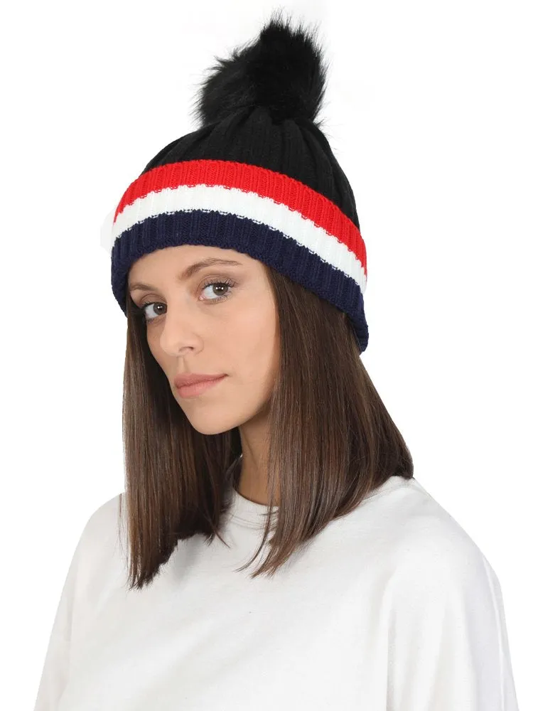 FabSeasons Acrylic Black Woolen Winter skull cap with faux fur lining