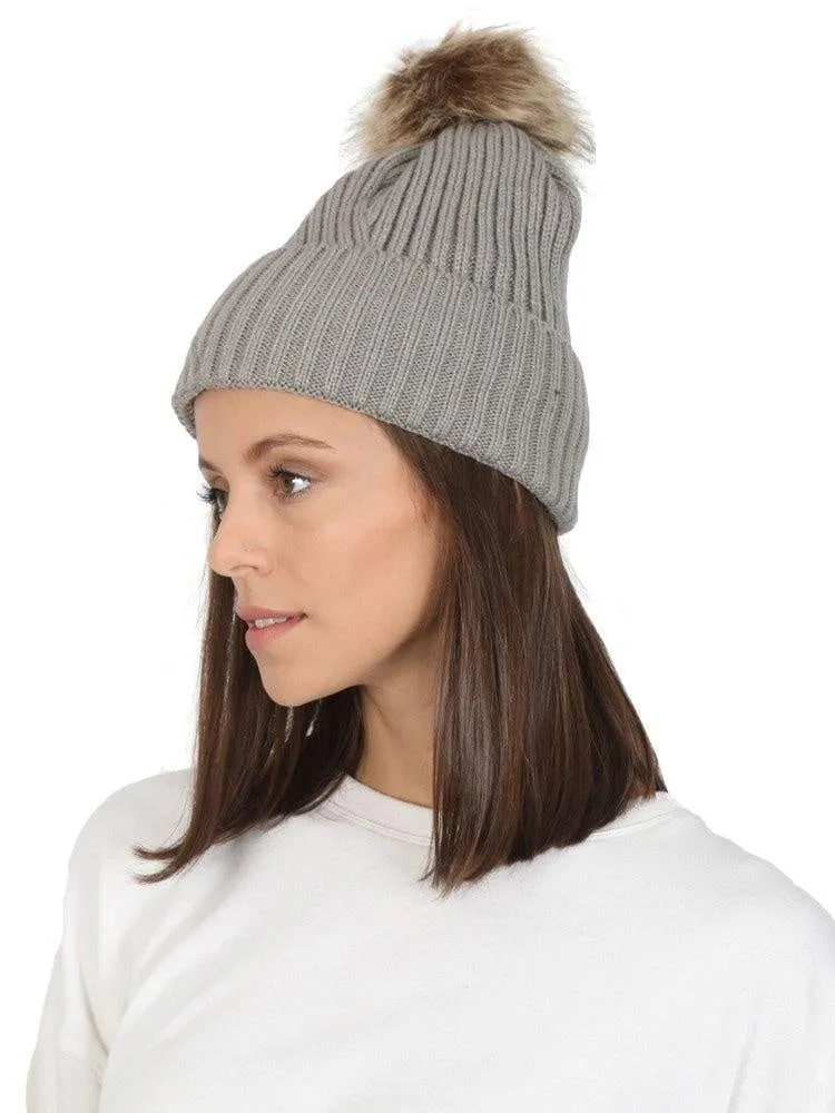 FabSeasons Grey Acrylic Woolen Winter skull cap with Pom Pom for Girls & Women