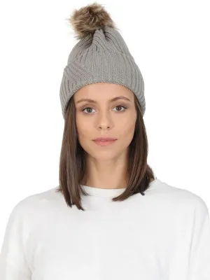 FabSeasons Grey Acrylic Woolen Winter skull cap with Pom Pom for Girls & Women