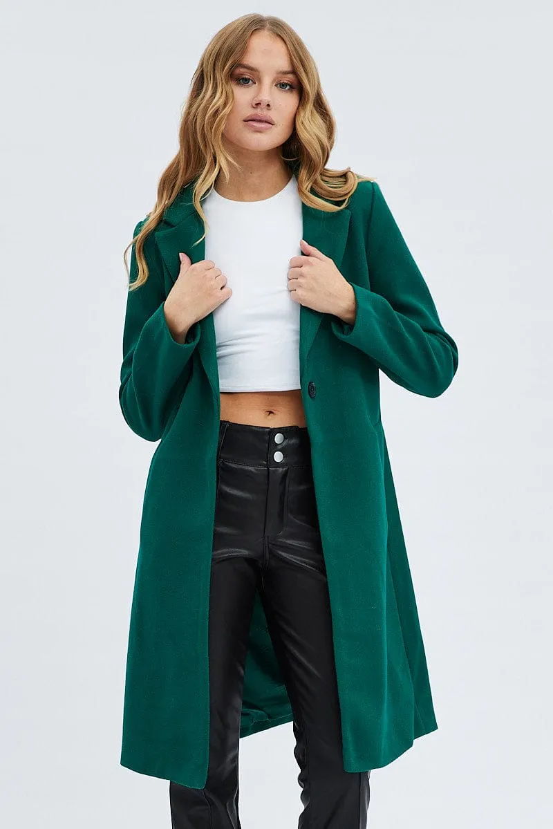 Green One Button Coat Knee Length