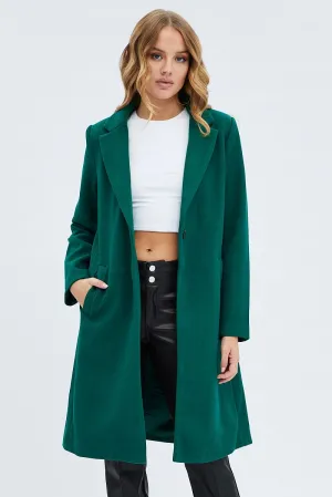 Green One Button Coat Knee Length