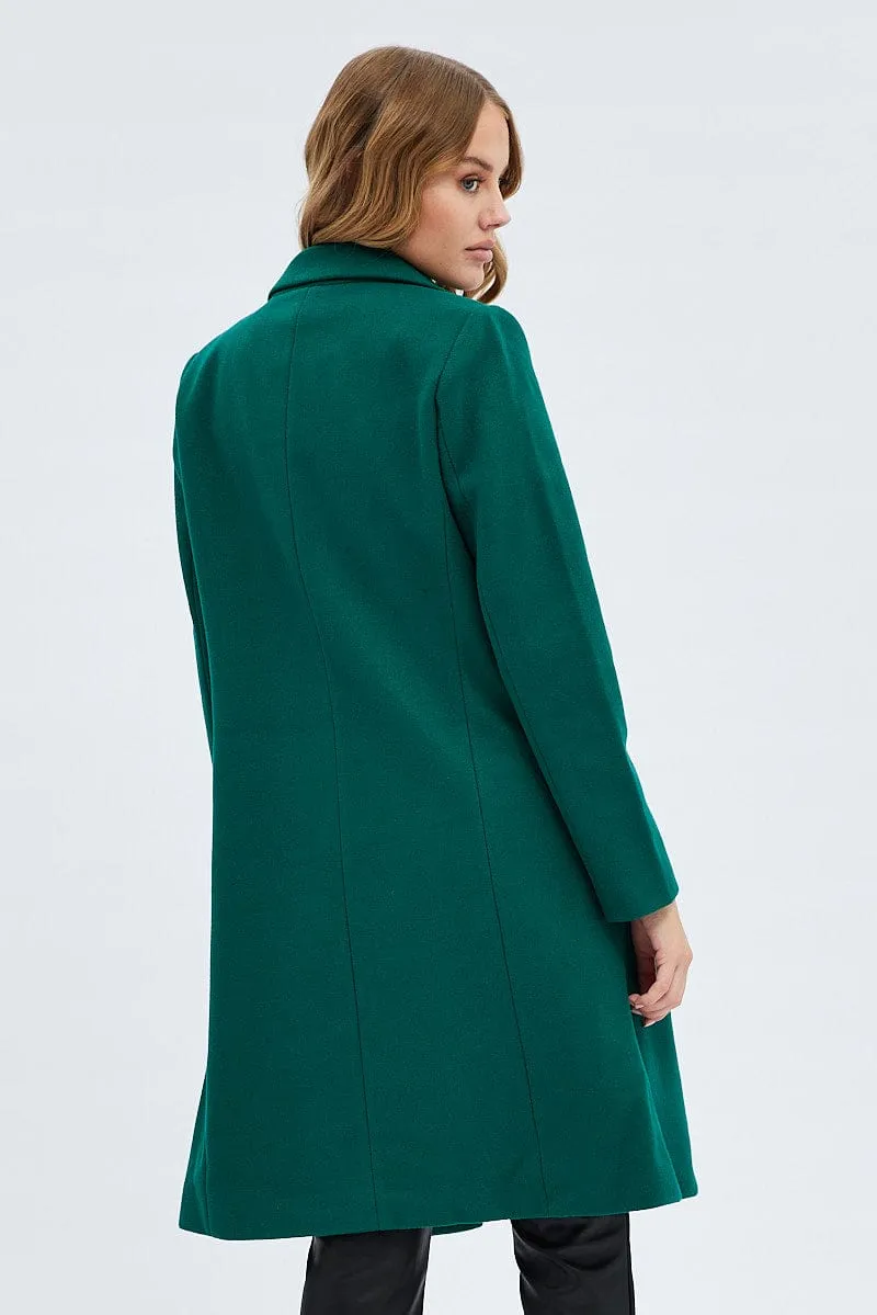 Green One Button Coat Knee Length