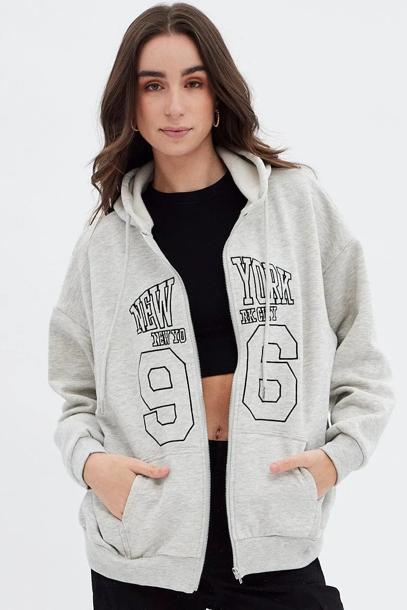Grey Hoodie Zip Long Sleeve New York Embroidery