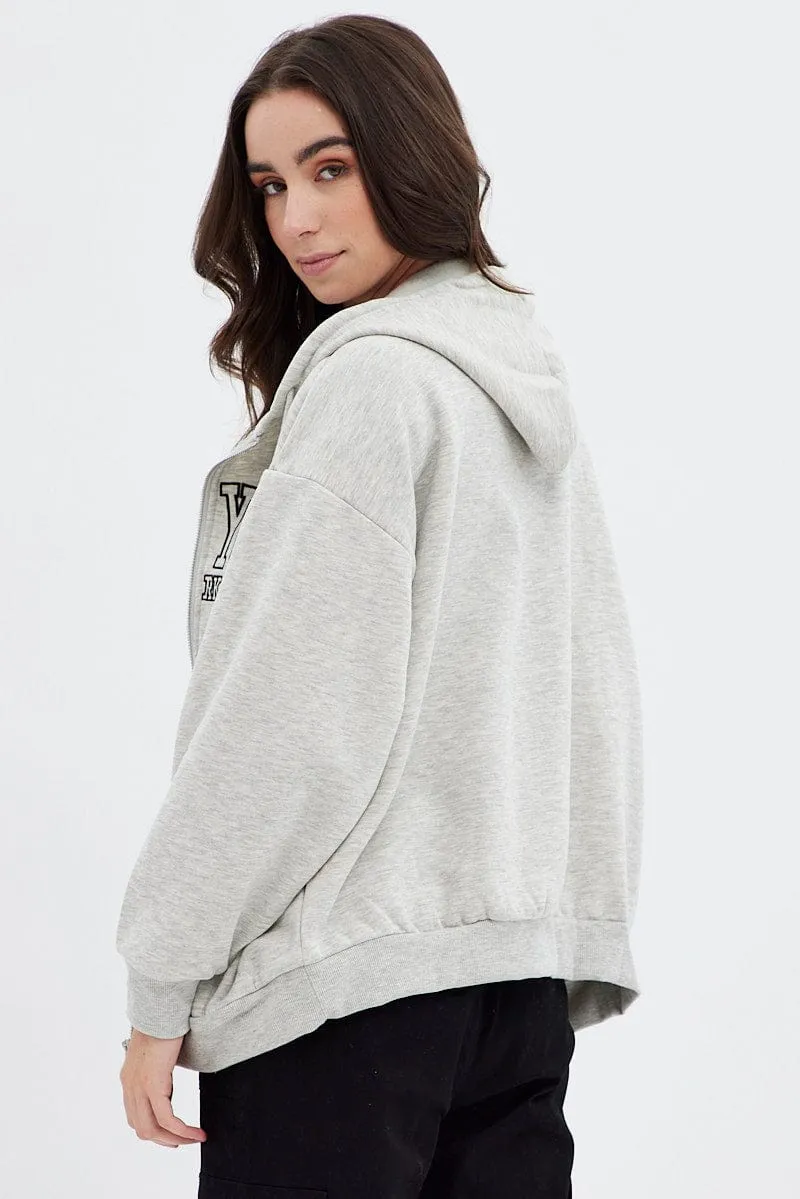 Grey Hoodie Zip Long Sleeve New York Embroidery