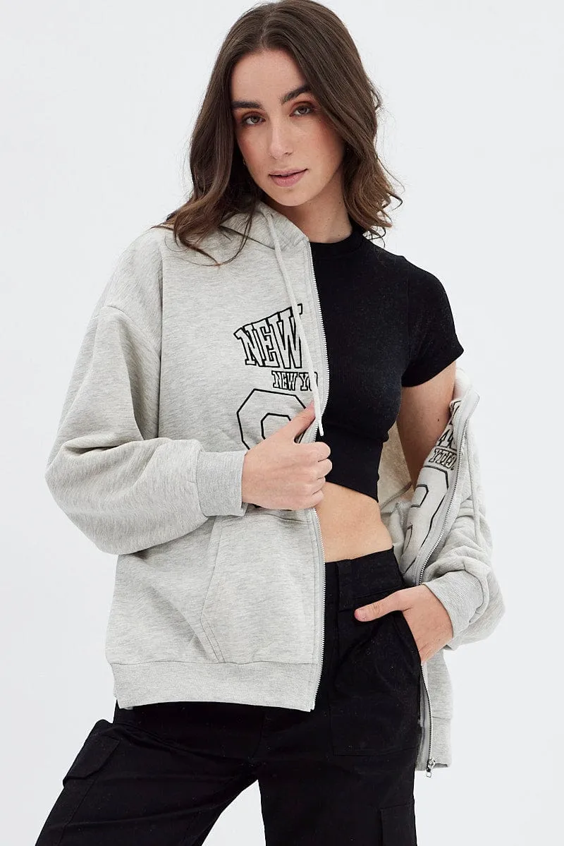 Grey Hoodie Zip Long Sleeve New York Embroidery