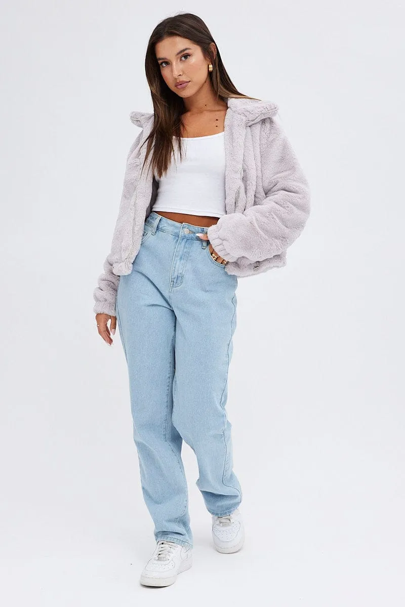 Grey Plush Faux Fur Zip Through Long Sleeve Jacket