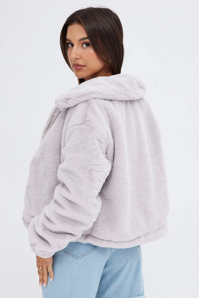 Grey Plush Faux Fur Zip Through Long Sleeve Jacket