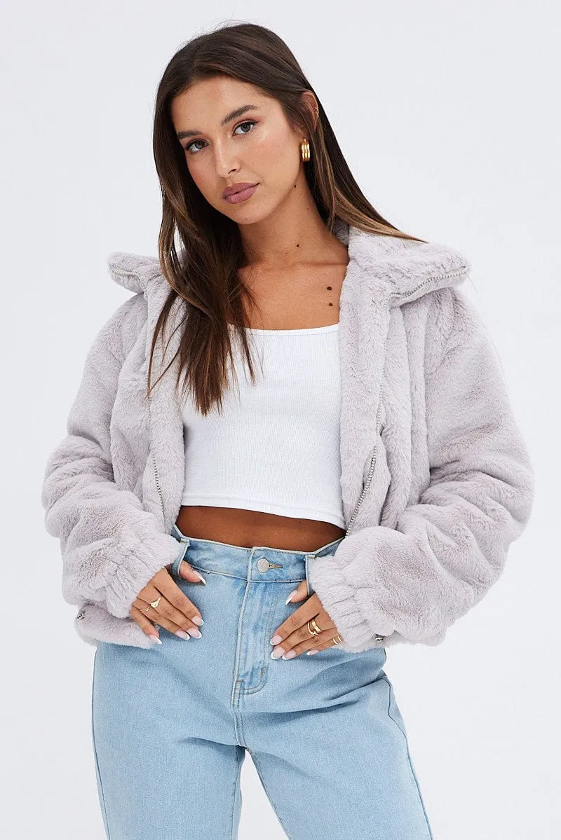 Grey Plush Faux Fur Zip Through Long Sleeve Jacket