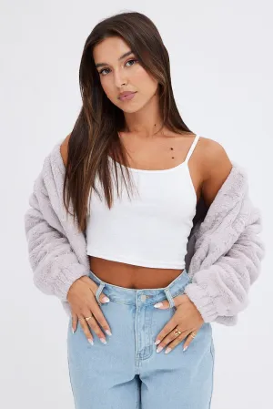 Grey Plush Faux Fur Zip Through Long Sleeve Jacket