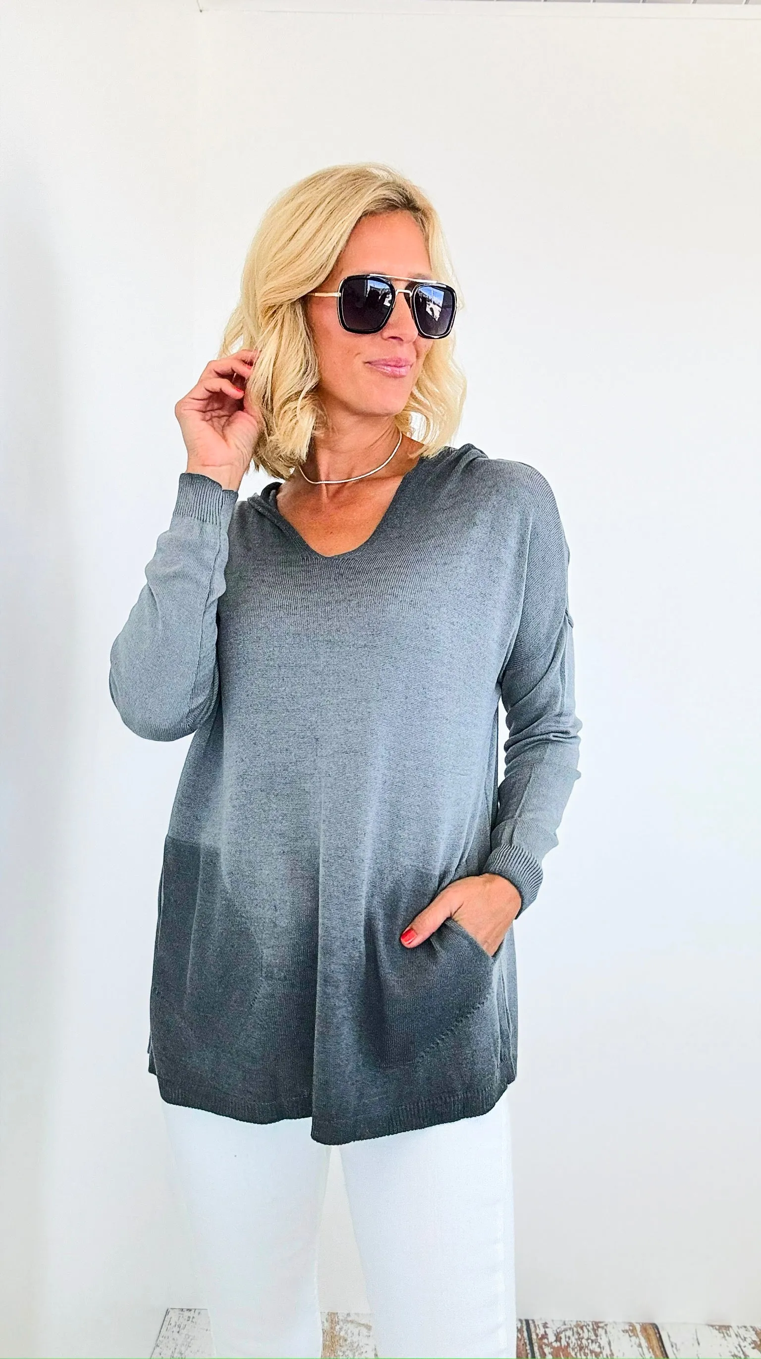 Hoodie V-Neck Italian Sweatshirt Top - Gray