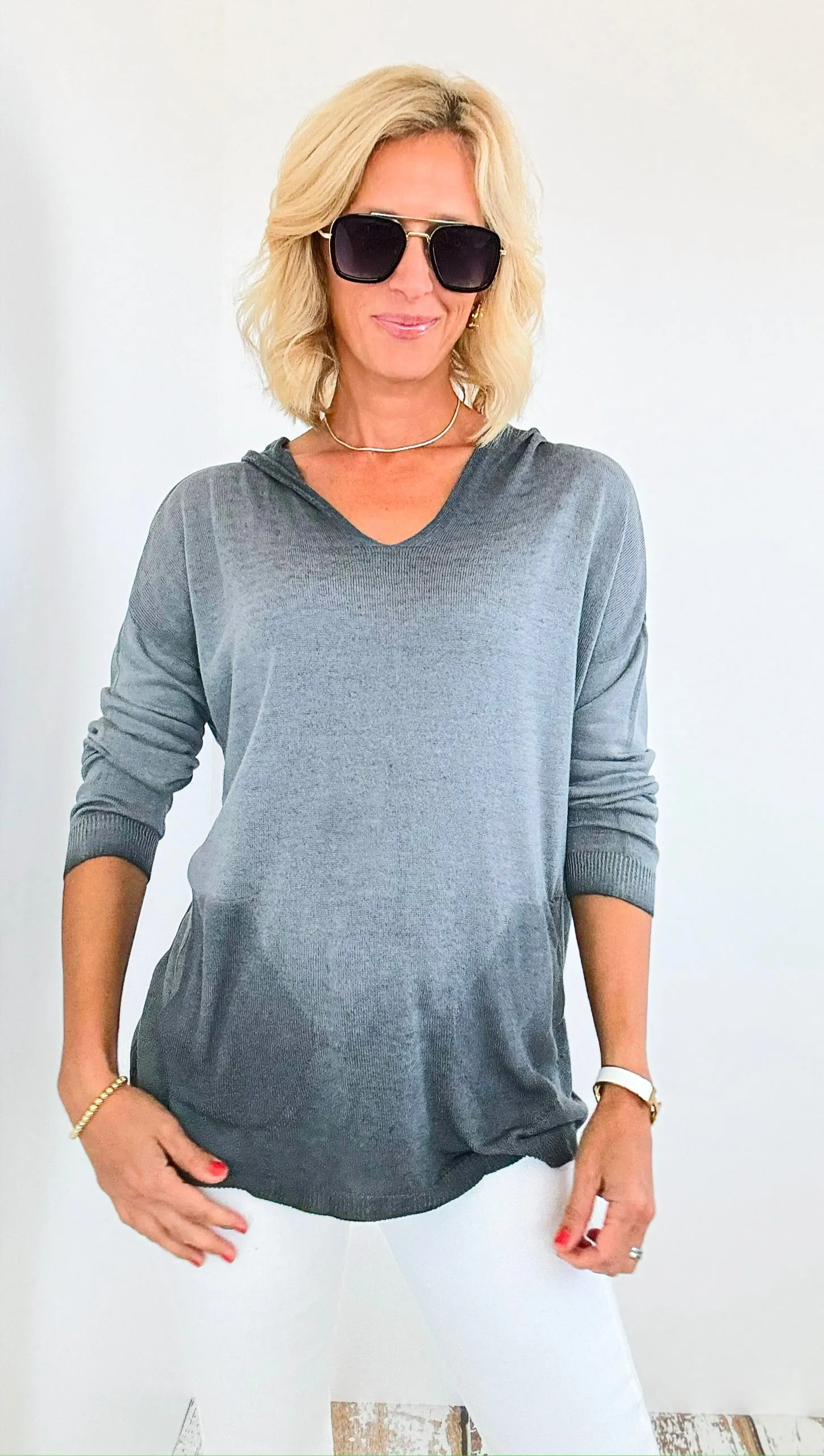 Hoodie V-Neck Italian Sweatshirt Top - Gray