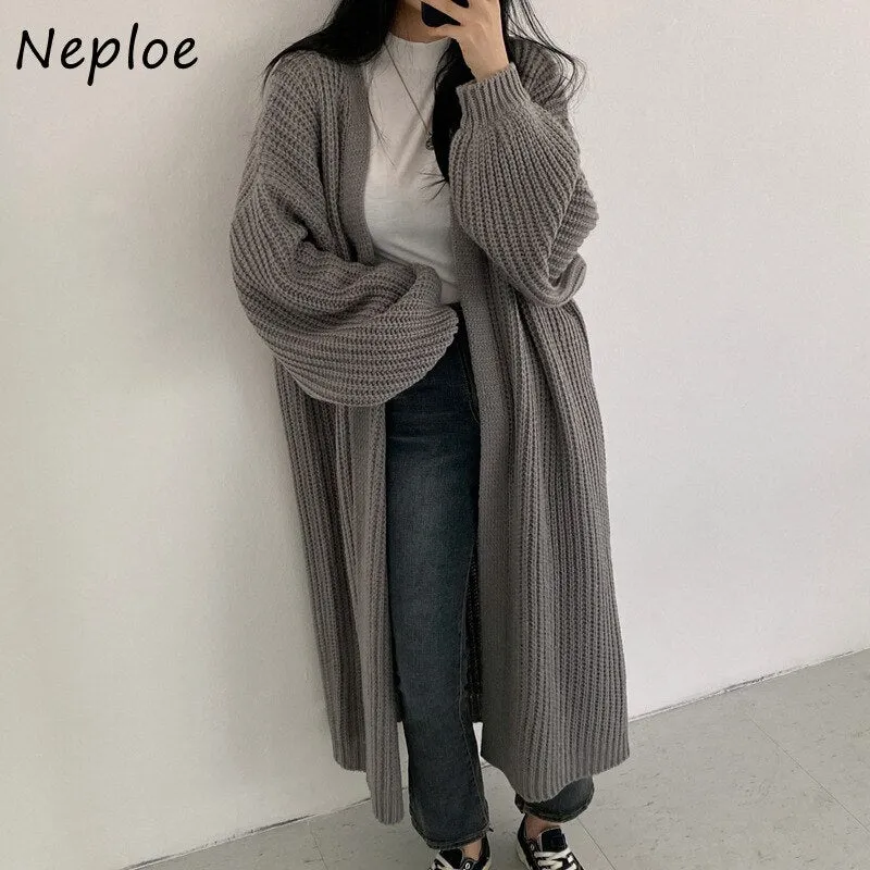 Joskaa 2024 Autumn Winter Fashion New Female Cardigans V-neck Loose Knit Sweater Coats Women Lantern Sleeves Long Knit Jacket