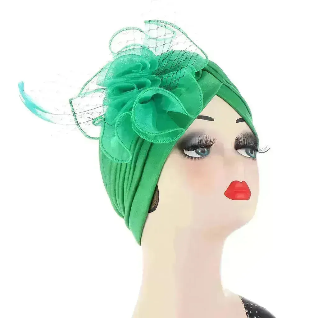 Multicolor Mesh Matching Feather Flower Arab  Hat